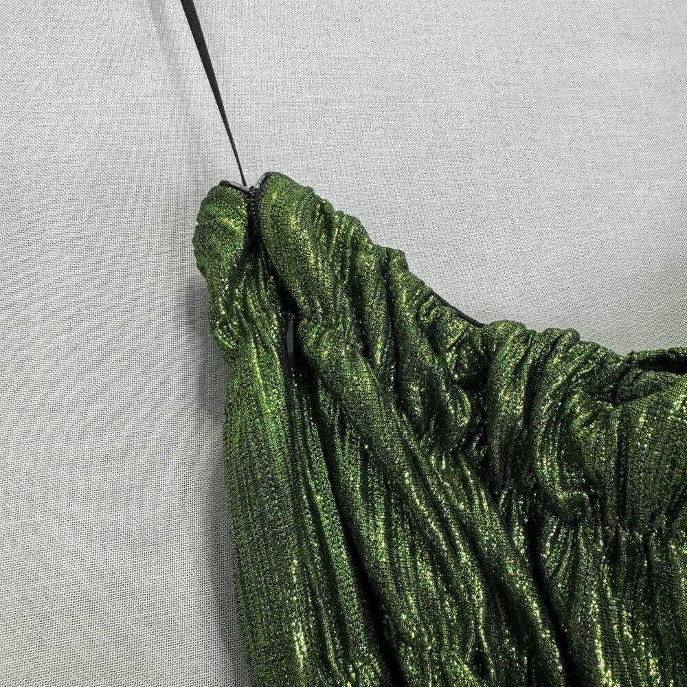 Akira Stay Radiant Metallic Maxi Womens 2X Green One Shoulder Pleated Gown Prom - Picture 5 of 14